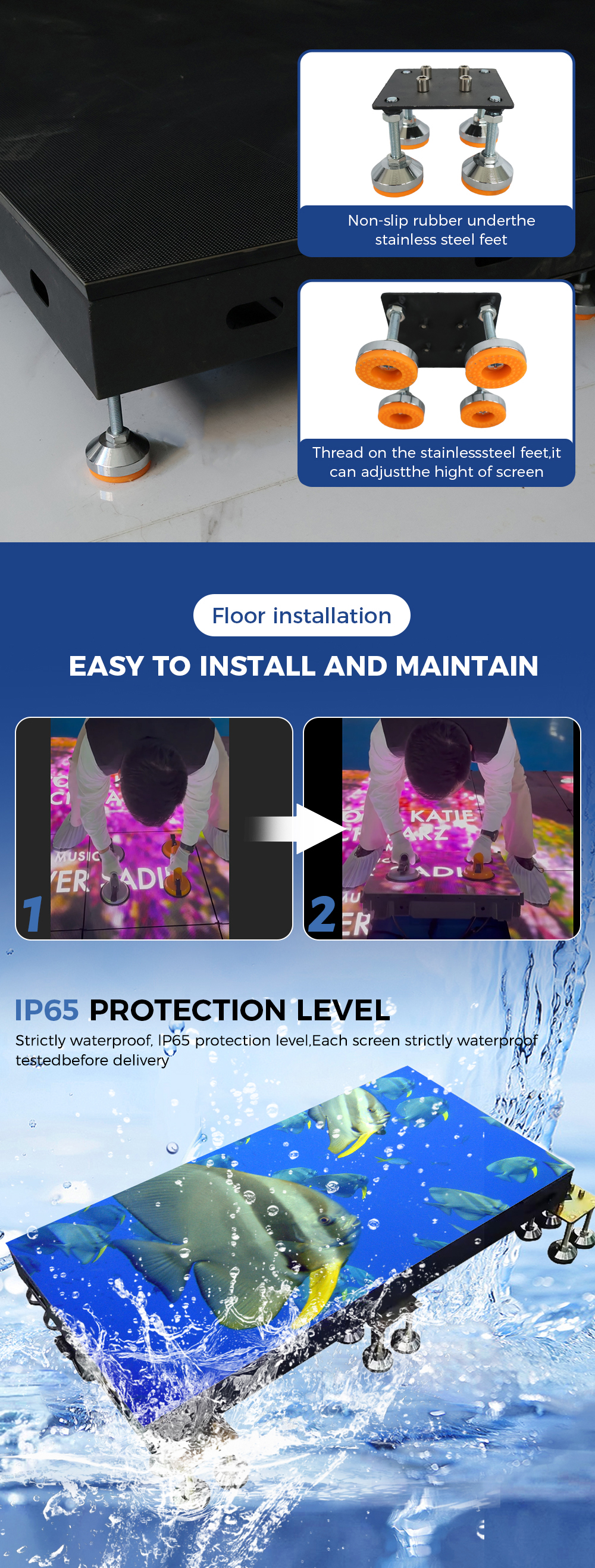 FLOOR DANCELED DISPLAY EASY TO INSTALL AND MAINTAIN