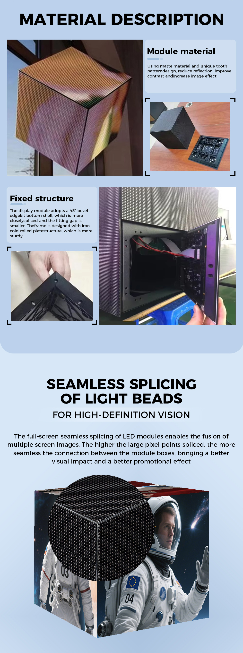 LED CUBE DISPLAY SEAMLESS SPLICINGOF LIGHT BEADS MATERIAL DESCRIPTION