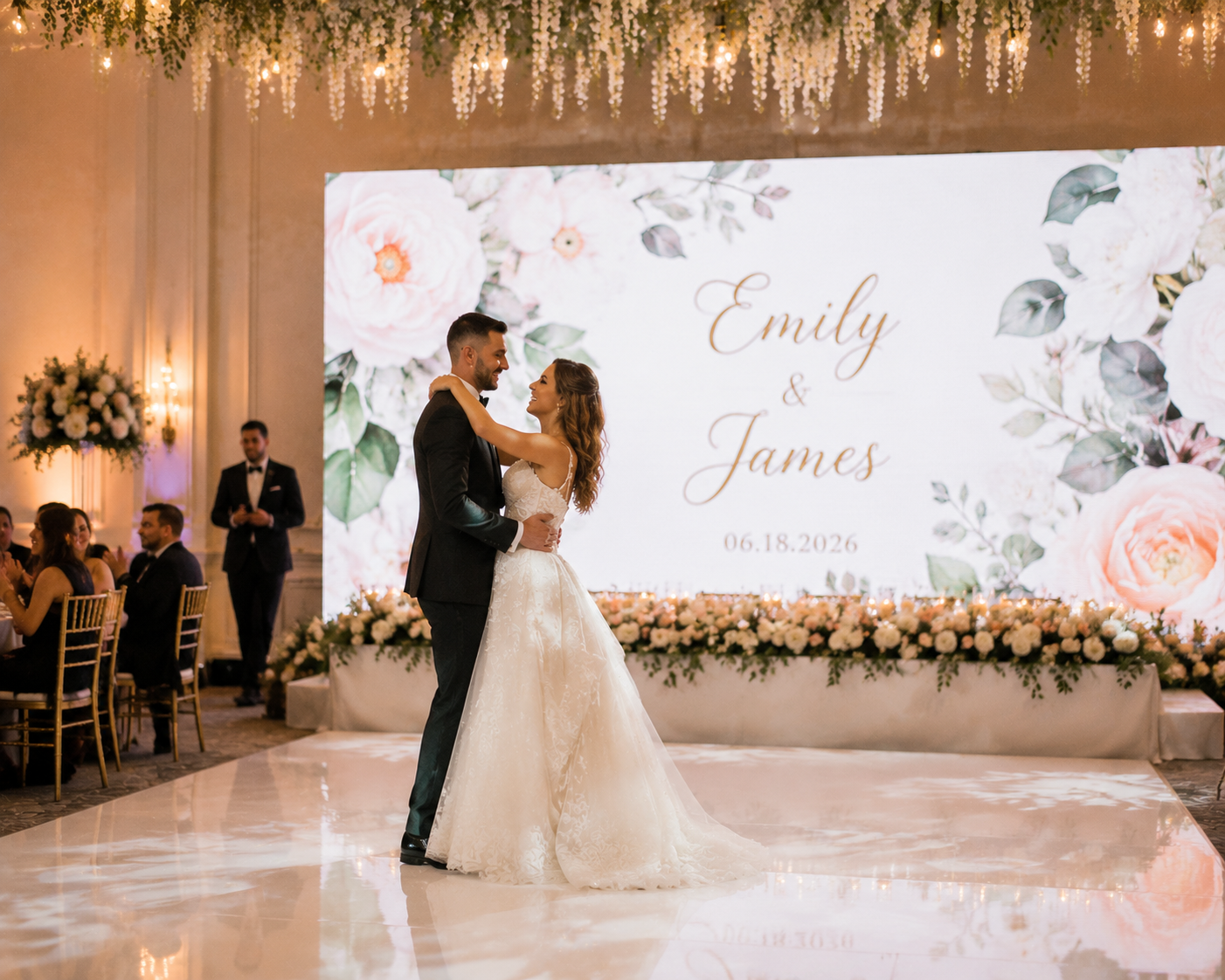 Wedding LED wall displaying dynamic visuals at outdoor European wedding