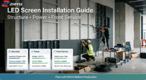 LED screen installation guide showing structure, power and front service planning for a ZHIYU LED video wall