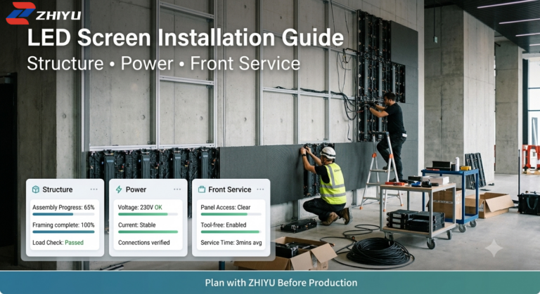 LED screen installation guide showing structure, power and front service planning for a ZHIYU LED video wall